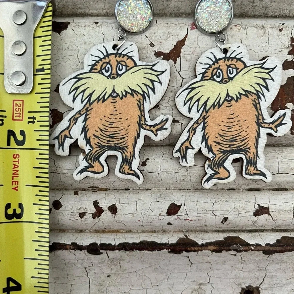 Brand new Dr. Seuss Lorax book inspired wooden dangle earrings